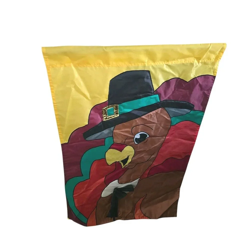 Vtg 1999 Thanksgiving Pilgrim Turkey  Garden Flag 2 Sided 42